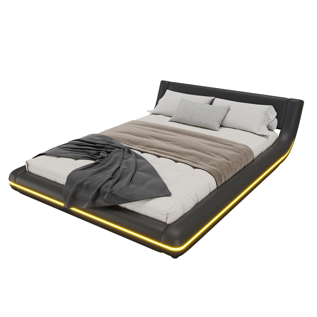 BODENBETT 140/200 cm Schwarz mit LED-Umgebungslicht - Schwarz, Kunststoff (140/200cm) - OKWISH