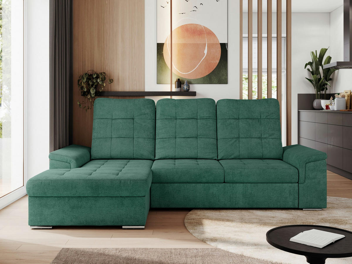 ECKSOFA MADRITO L - Grün Struktur - Links - Silberfarben/Grün, Textil/Metall (160/256cm)