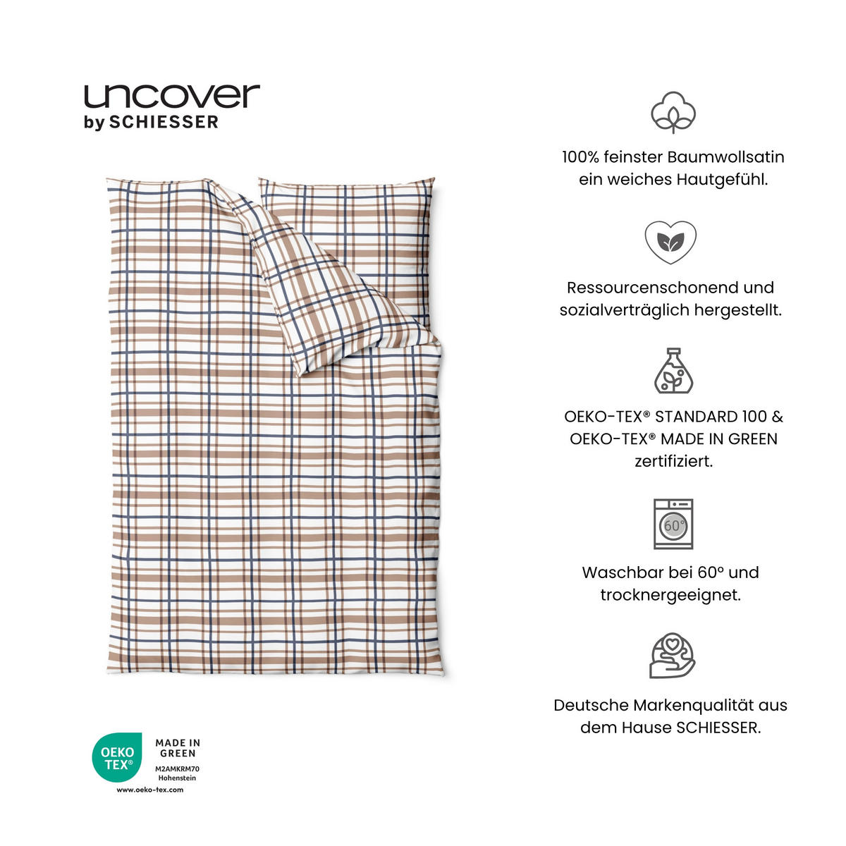 BETTWÄSCHESET Maxim - Baumwollsatin - 2-teilig - 135x200cm - Taupe-Blau - Blau, Textil (135/200cm) - Uncover by Schiesser