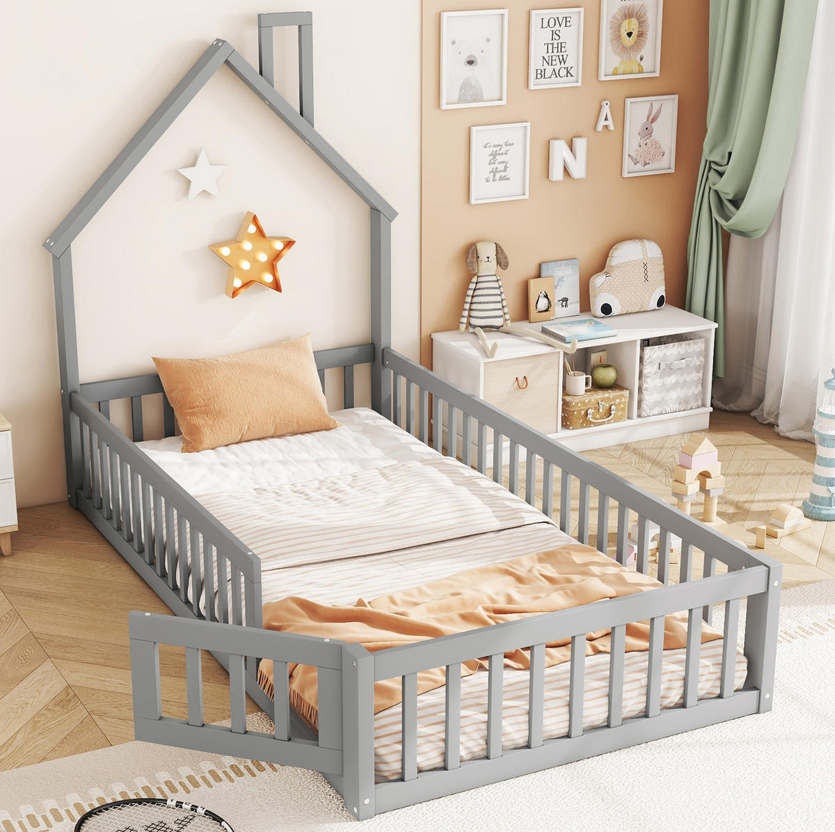 KINDERBETT Kindereinzelbetten 90/200 cm mit Lattenrost, Sicherheitsgitter und Schornstein-Design aus Kiefer, Grau - Grau, Holzwerkstoff (90/200cm) - Redom