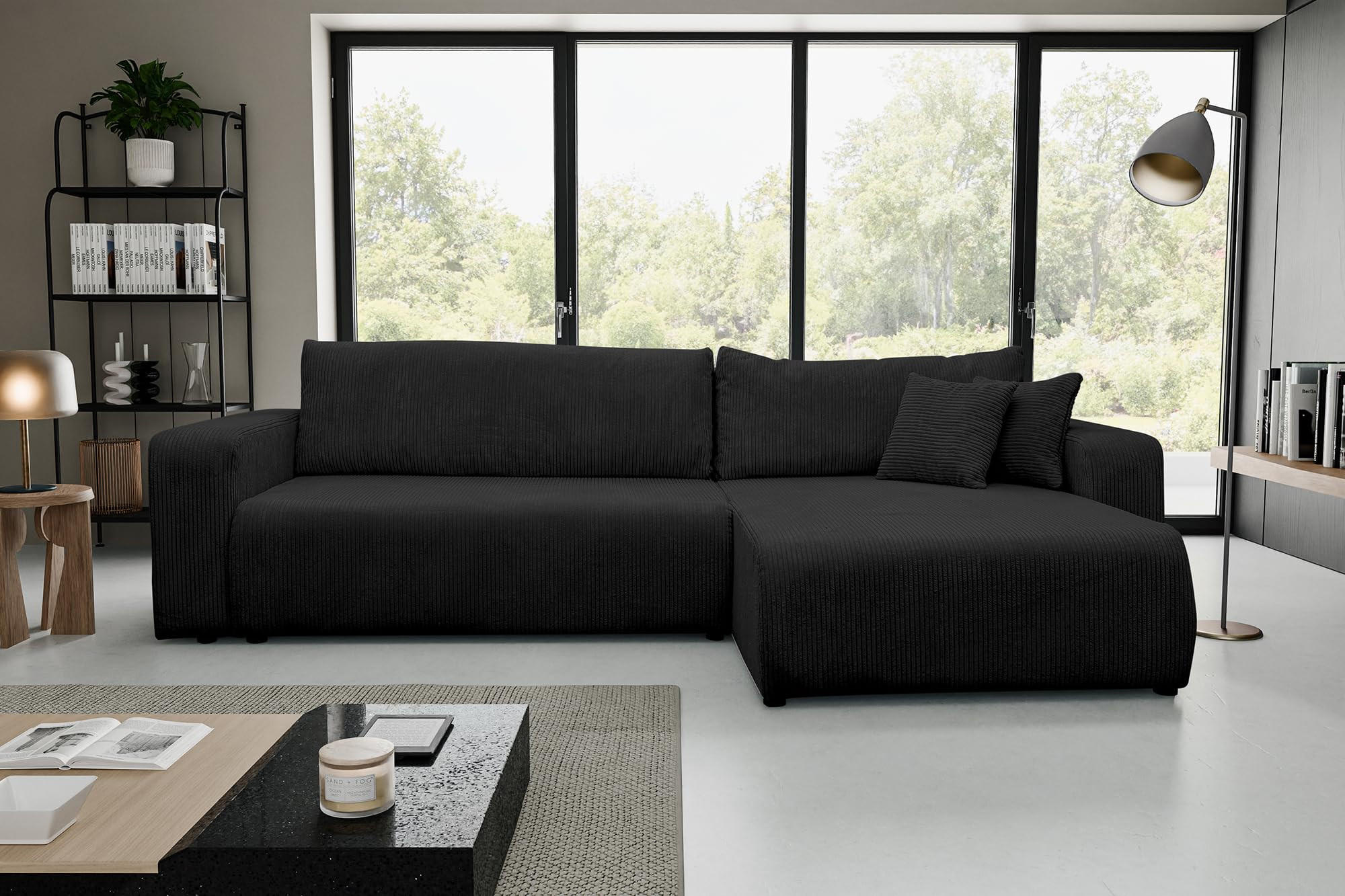 ECKSOFA Luna XL mit Schlaffunktion und Bettkasten Cord-Stoff (Schwarz) - Schwarz, Textil (274/142cm) - VENASI MÖBEL
