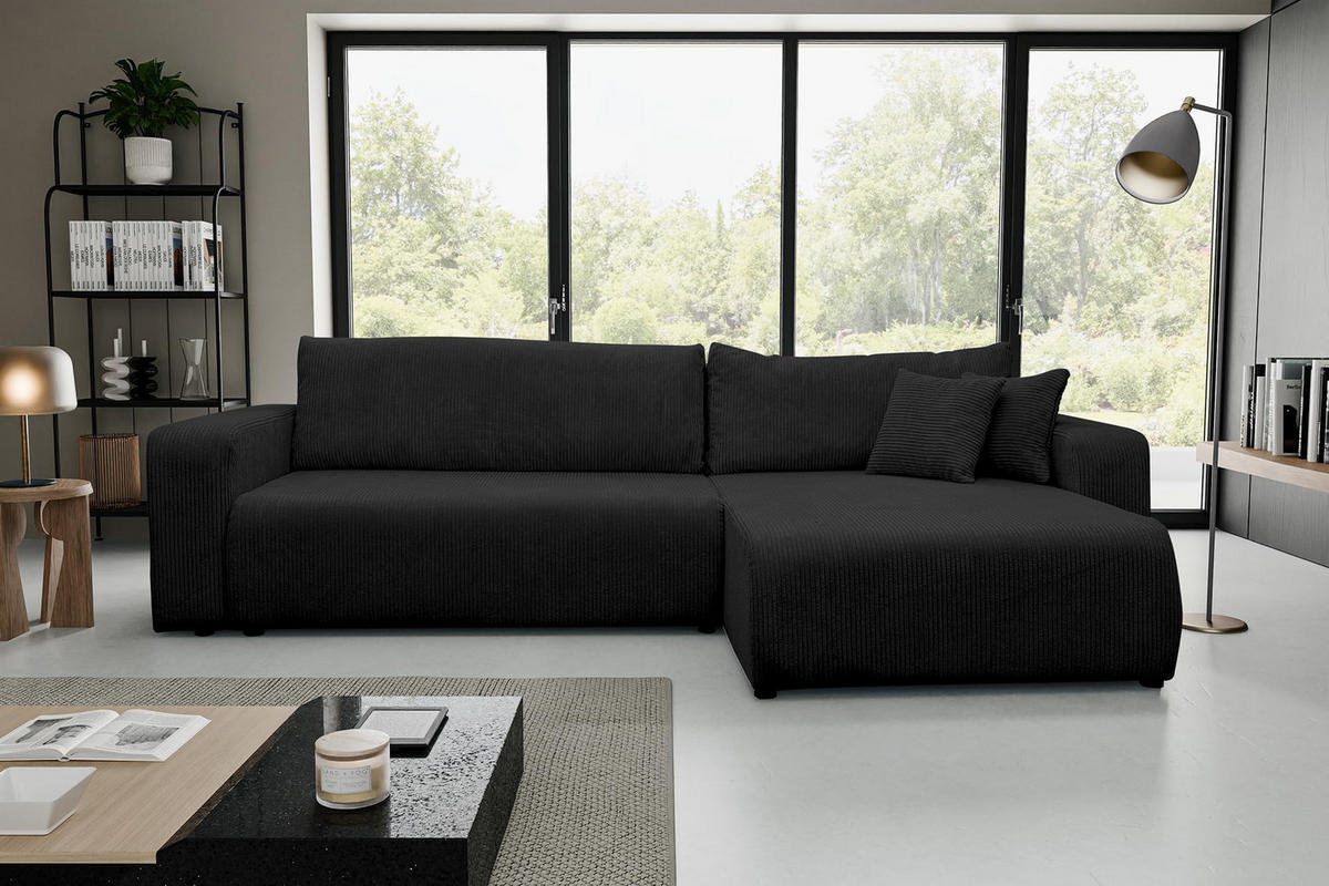 ECKSOFA Luna XL mit Schlaffunktion und Bettkasten Cord-Stoff (Schwarz) - Schwarz, Textil (274/142cm) - VENASI MÖBEL