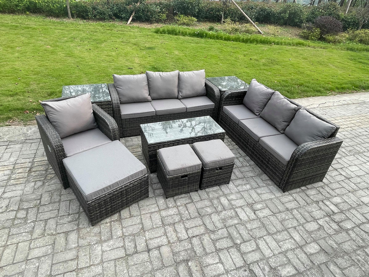 GARTENSOFA SET mit rechteckigem COUCHTISCH Polyrattan 10-Sitzer Dunkelgrau - Dunkelgrau/Grau, Glas/Kunststoff - Fimous