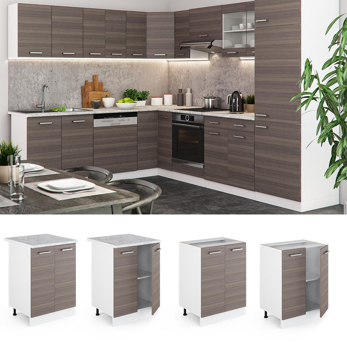 KÜCHENUNTERSCHRANK R-Line Grau 60 cm, AP Marmor - Weiß/Braun, Holzwerkstoff (60/81.6/60cm) - Vicco