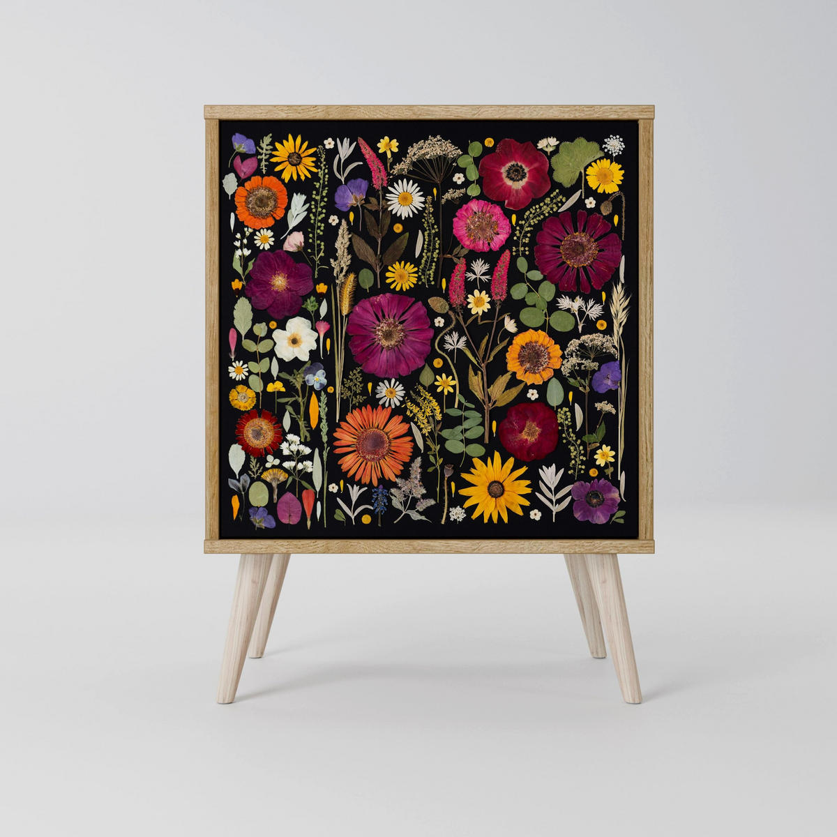 SIDEBOARD MIDNIGHT GARDEN, Grau, 57,5x42x72,5 cm, Schwarze Metallfüße - Multicolor/Schwarz, Holzwerkstoff/Metall (57.5/72.5/42cm) - SpaceRebels