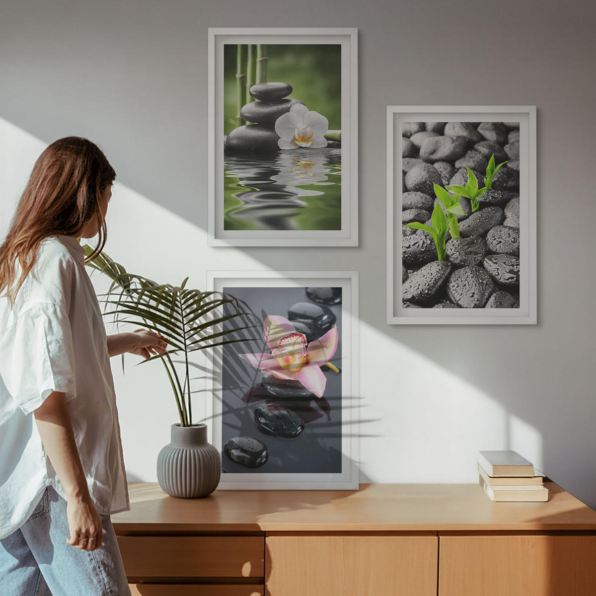 WANDBILDER 3er-Set - 40x60 cm Weißer Rahmen - Eine ruhige Zen-Komposition aus Blumen und Wasser - Weiß, Kunststoff (40/60cm) - ArtPrintCave