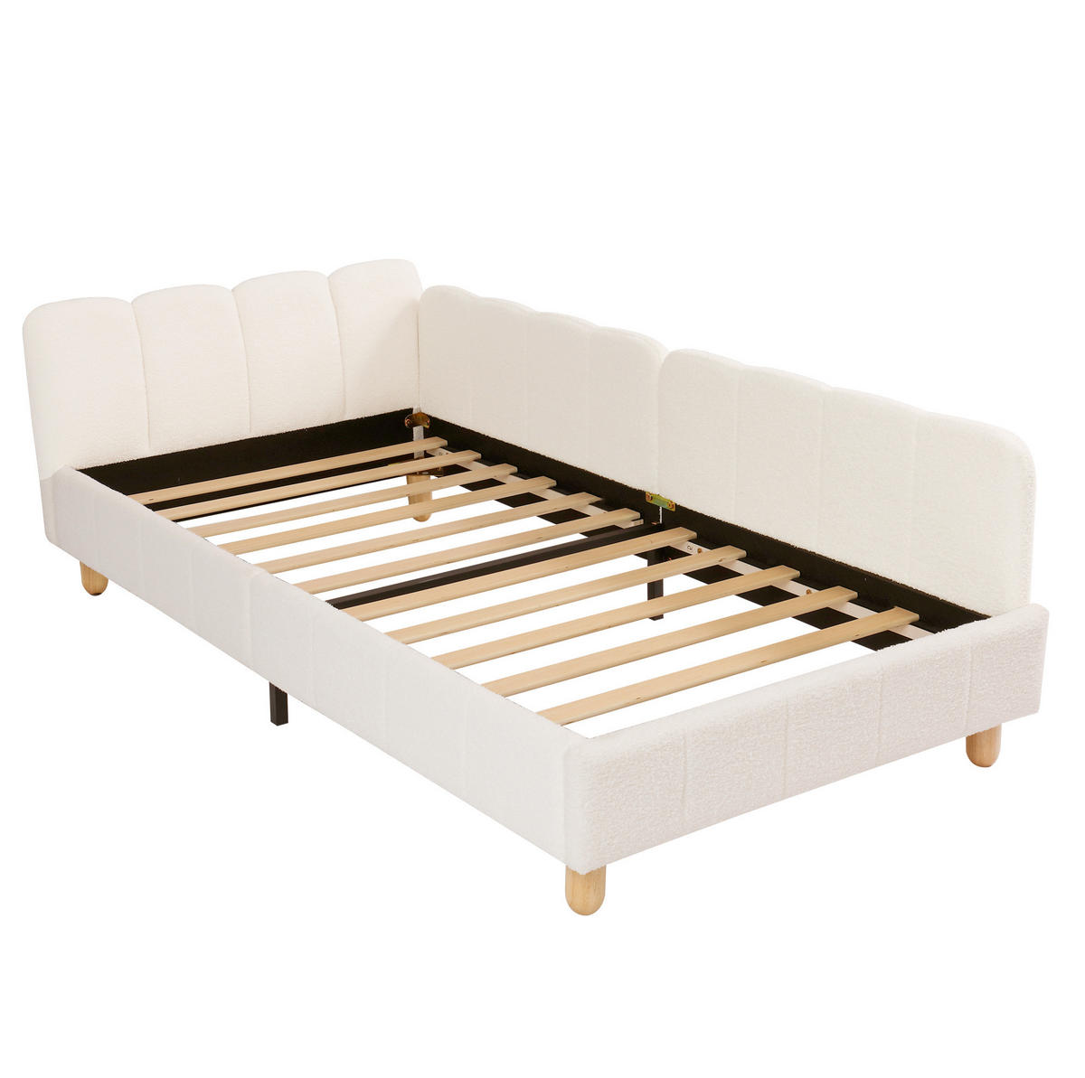 KINDERBETT Bouclé 90x200 cm Beige mit Lattenrost, gepolstertem Kopfteil, flexiblen Seitenlehnen und Taschen - Beige, Textil (90/200cm) - Modfu