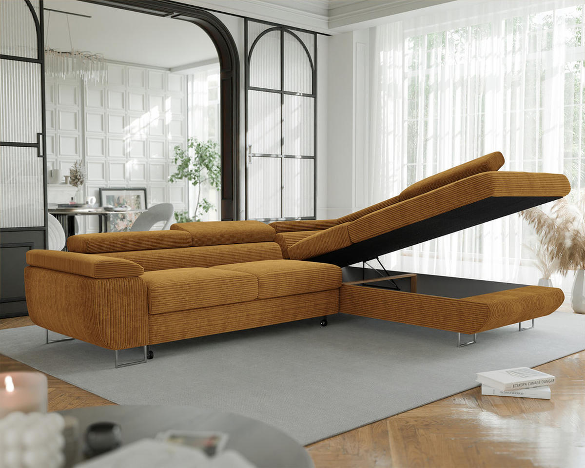ECKSOFA ANTON mit Schlaffunktion und Bettkasten Senfgelb - Currygelb, Holzwerkstoff/Kunststoff (274/203cm) - Idohome