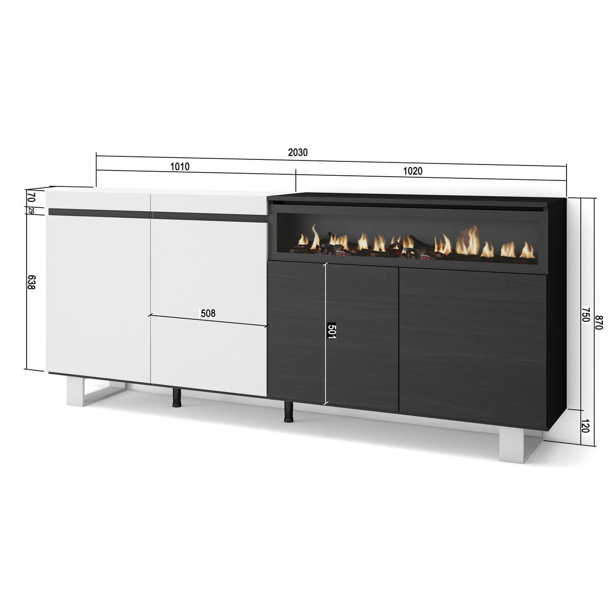 SIDEBOARD Elektrokamin, weiß und schwarz, 200/35/87cm - Multicolor/Schwarz, Holzwerkstoff (200/87/35cm) - Skraut Home