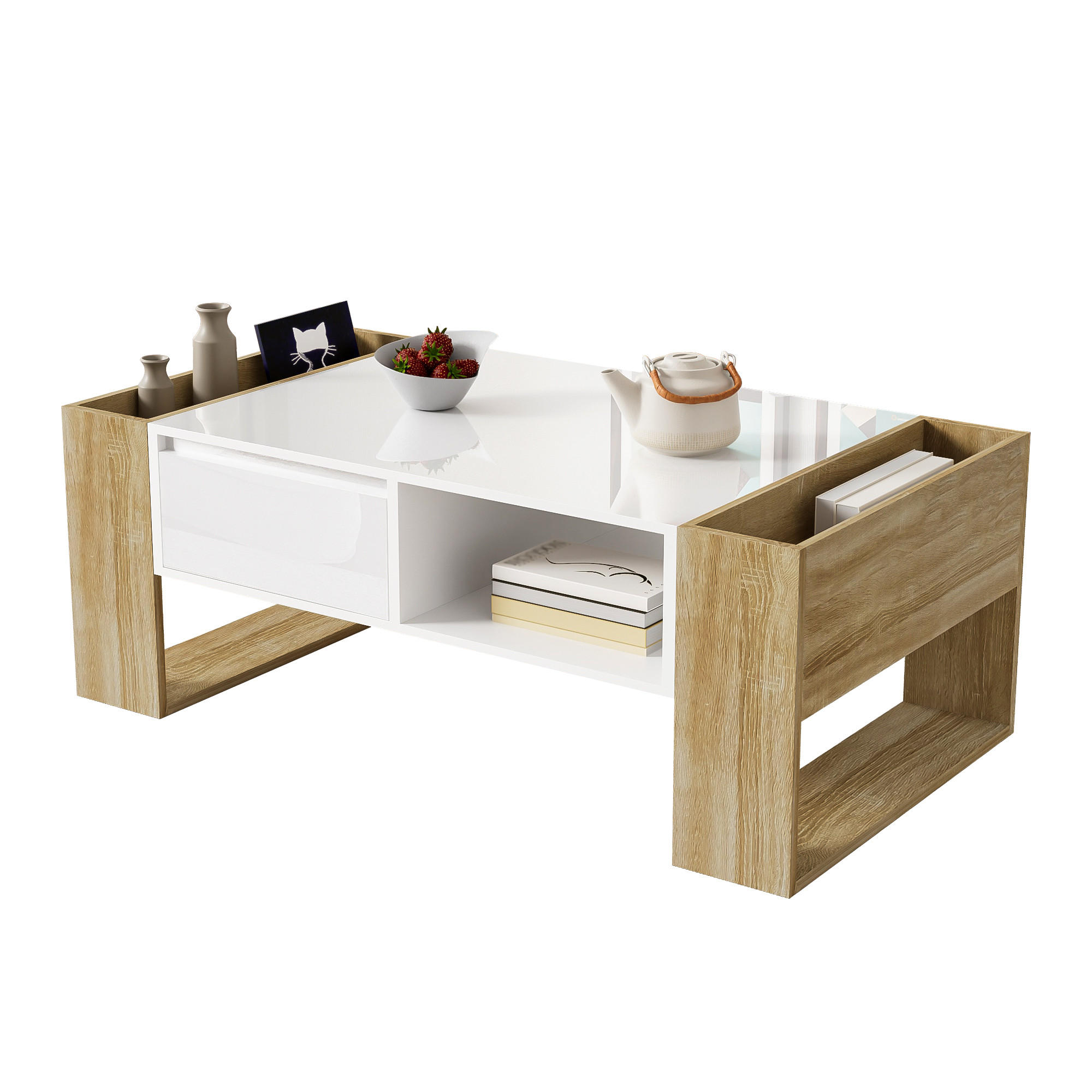 COUCHTISCH 105/60/40 cm Weiß und Holz mit hochglänzender Oberfläche und Schubladen - Weiß, Holzwerkstoff (105/60/40cm) - OKWISH