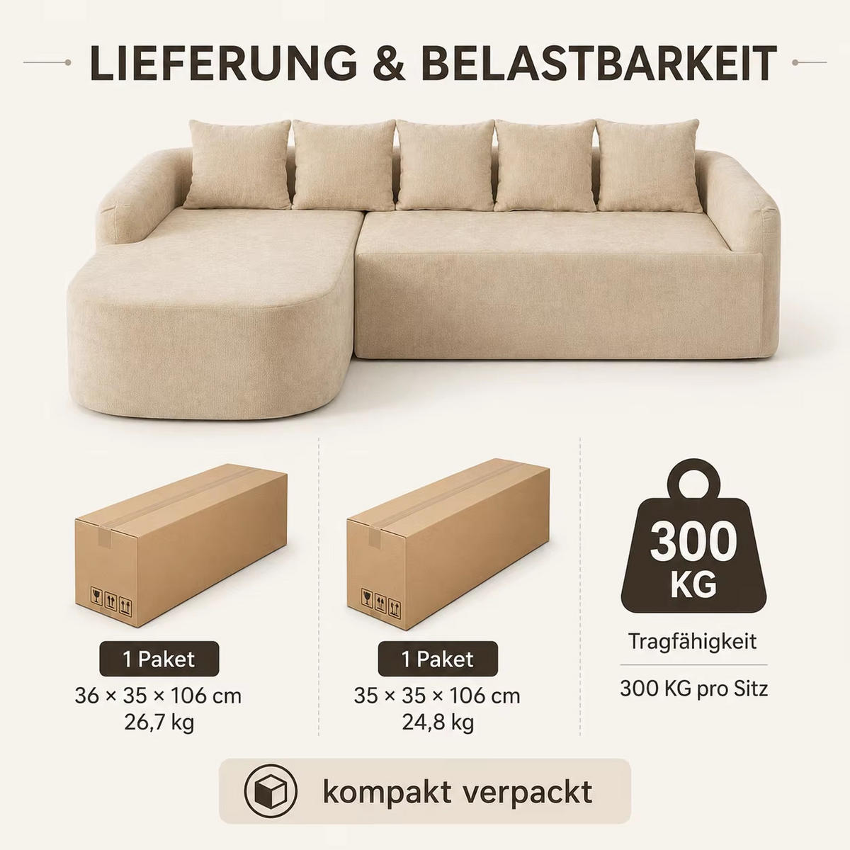 ECKSOFA Chenille, Modulares Kompressionssofa mit Komfortpolsterung, Hellkhaki - Beige, Textil (270/172cm) - Kaket