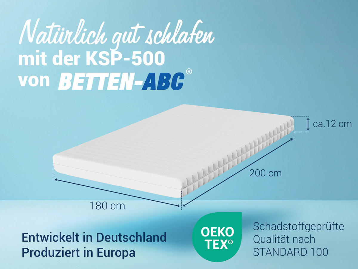 KALTSCHAUMMATRATZE KSP-500, 7 Zonen, Größe: 180x200, Härtegrad: H3 - Höhe 12cm - Weiß, Textil (180/200cm) - Betten-ABC