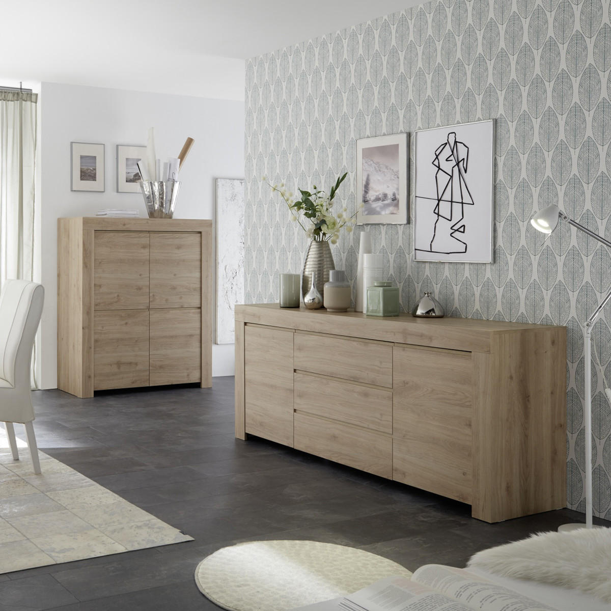 HIGHBOARD mit 4 Türen H140 cm - Firenze - Eichefarben, Holzwerkstoff (110/140/42cm) - Calicosy