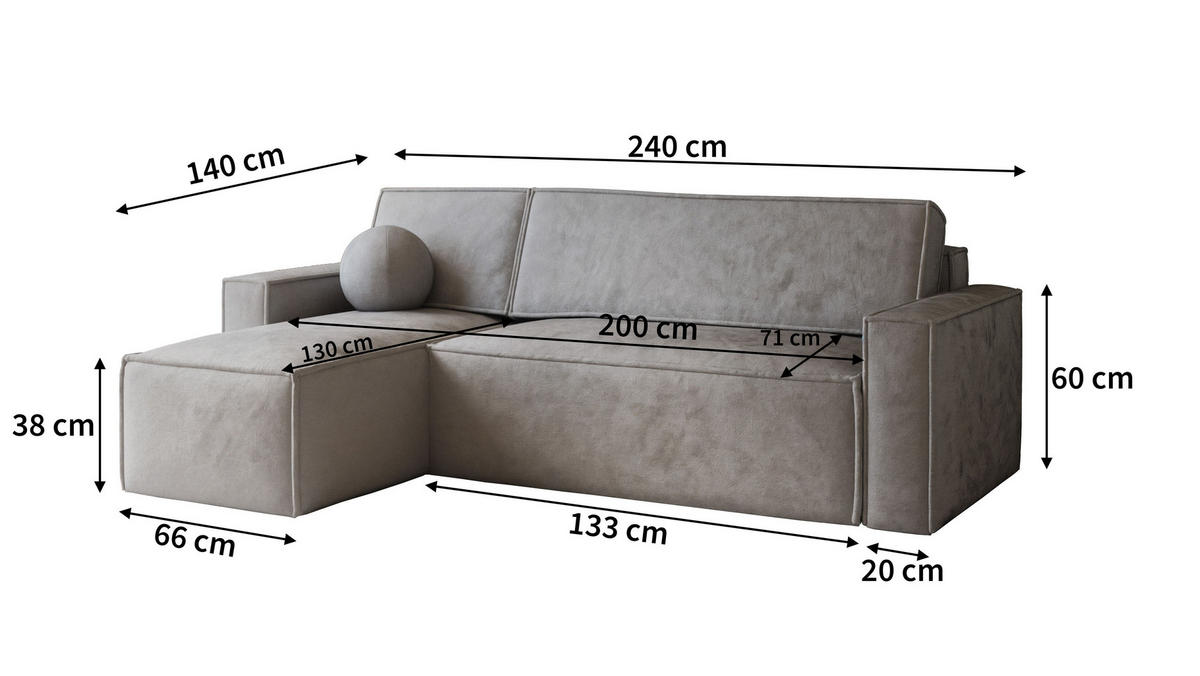 ECKSOFA RAVELO M Creme Velours-Stoff mit Schlaffunktion - Creme, Holz (240/140cm) - MASSENO