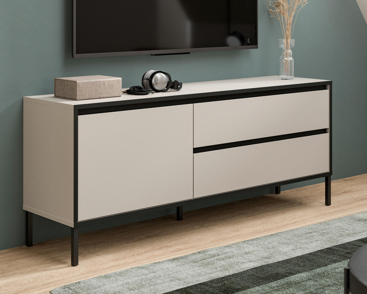 LOWBOARD Sand / Kaschmir mit schwarz, Flat-TV Unterschrank 150 cm, Komforthöhe - Sandfarben/Kaschmir, Holzwerkstoff/Metall (150/62/38cm) - Inn.Furn