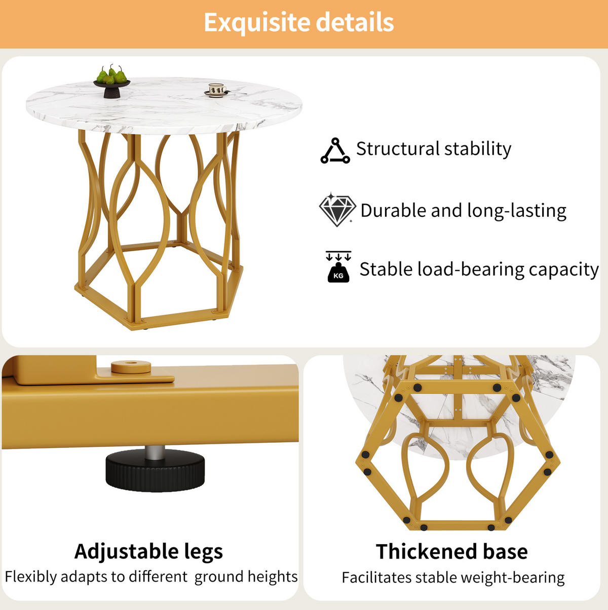 ESSTISCH 100/76/100 cm Weiß/Gold aus MDF und Metall mit verstellbaren Füßen - Goldfarben, Holzwerkstoff (100/100/76cm) - OKMYHOME