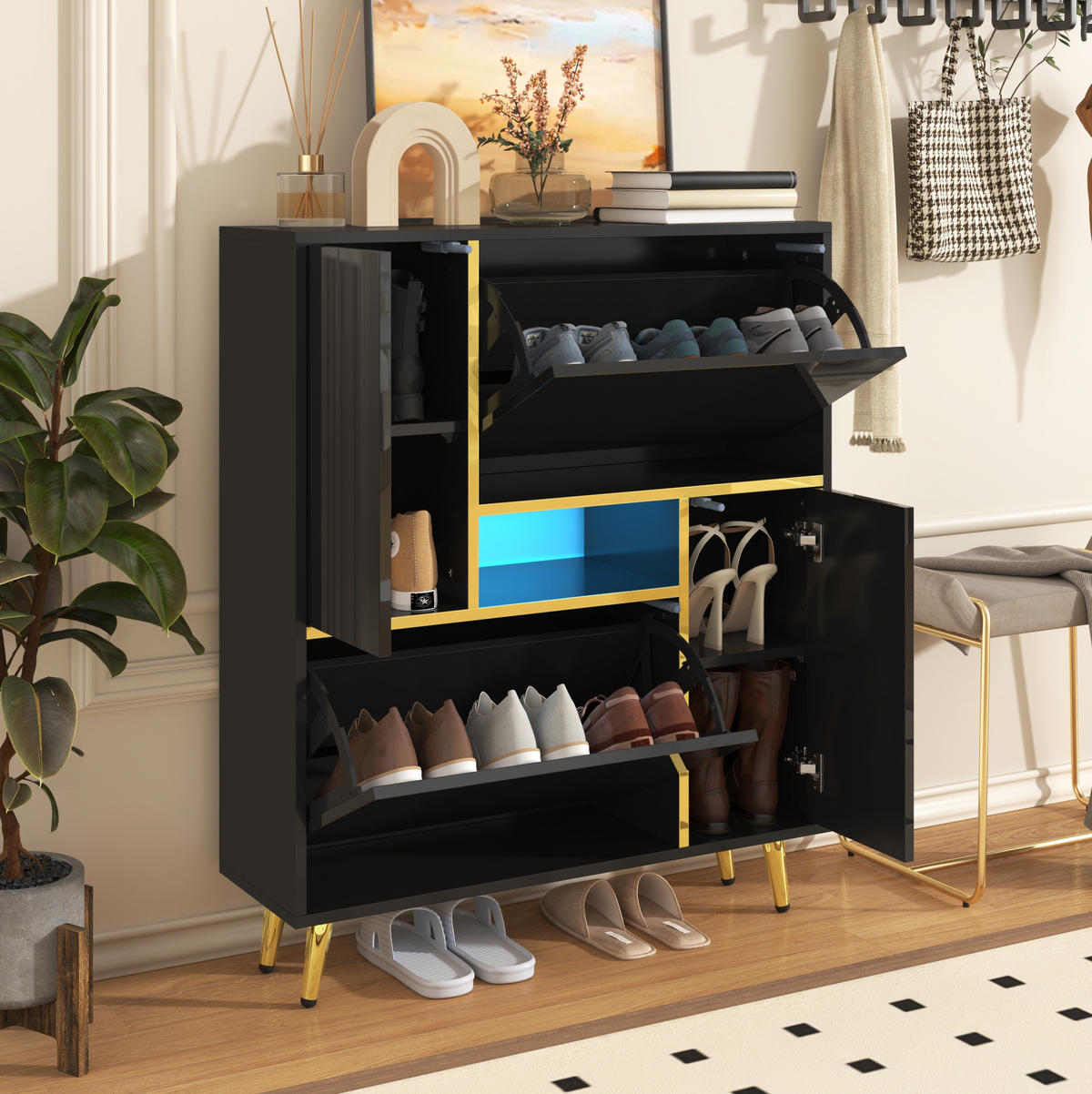 SCHUHSCHRANK 80/25/96 cm mit LED-Beleuchtung, Hochglanzfront und verstellbaren Einlegeböden, Schwarz - Schwarz, Holzwerkstoff (80/96/25cm) - Redom