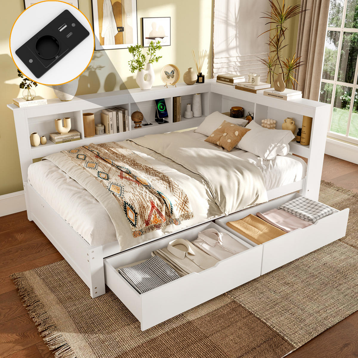 TAGEBETT 140x200cm Weiß Spanplatte 2 Schubladen Steckdose USB - Weiß, Holz (140/200cm) - FLIEKS