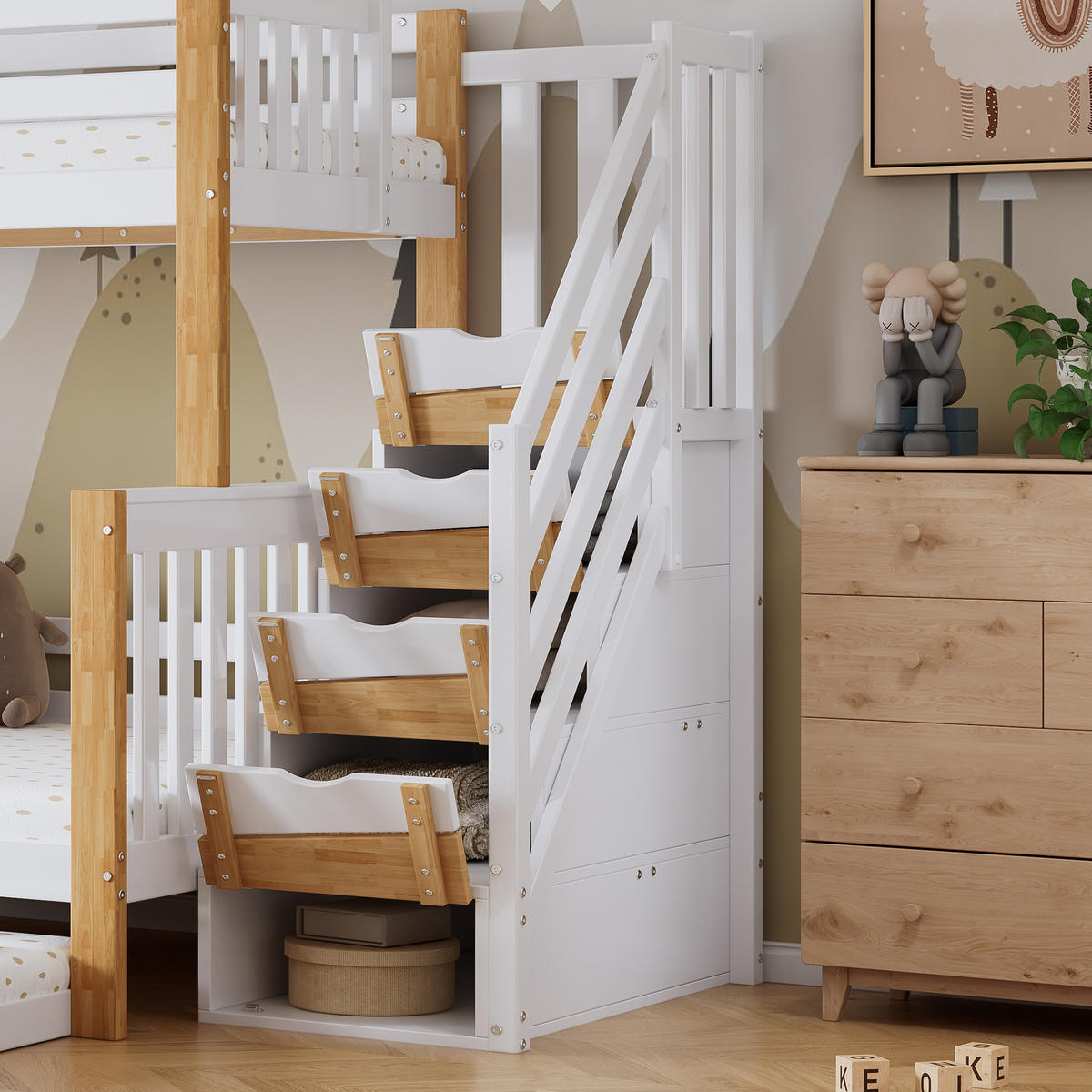 ETAGENBETT 90/200 cm weiß aus Kiefer mit Rollbett und Stauraumtreppe - Weiß, Holz (90/200cm) - OKWISH