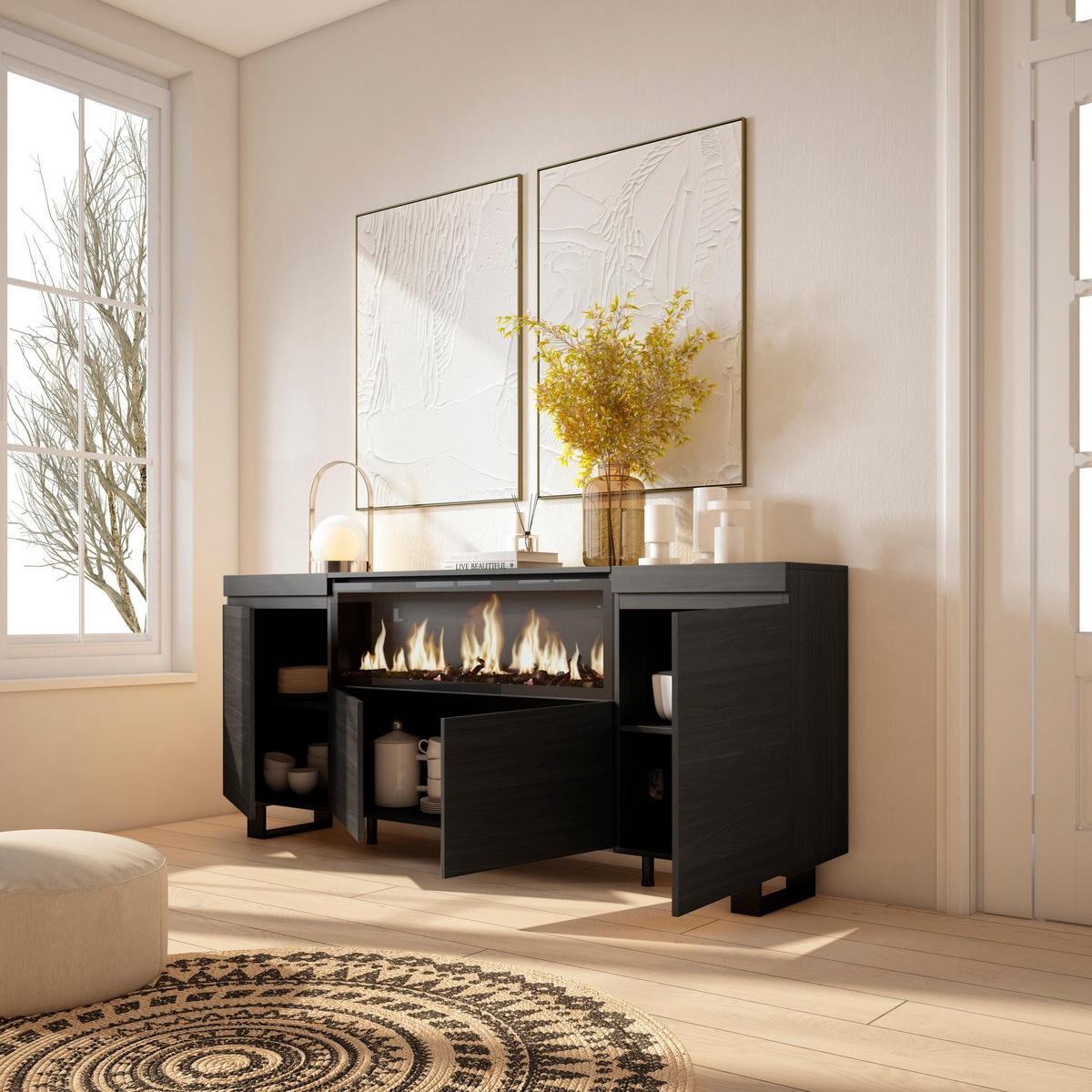 SIDEBOARD Highboard, Elektrokamin XXL, schwarz, 208/35/87cm - Schwarz, Holzwerkstoff (208/87/35cm) - Skraut Home