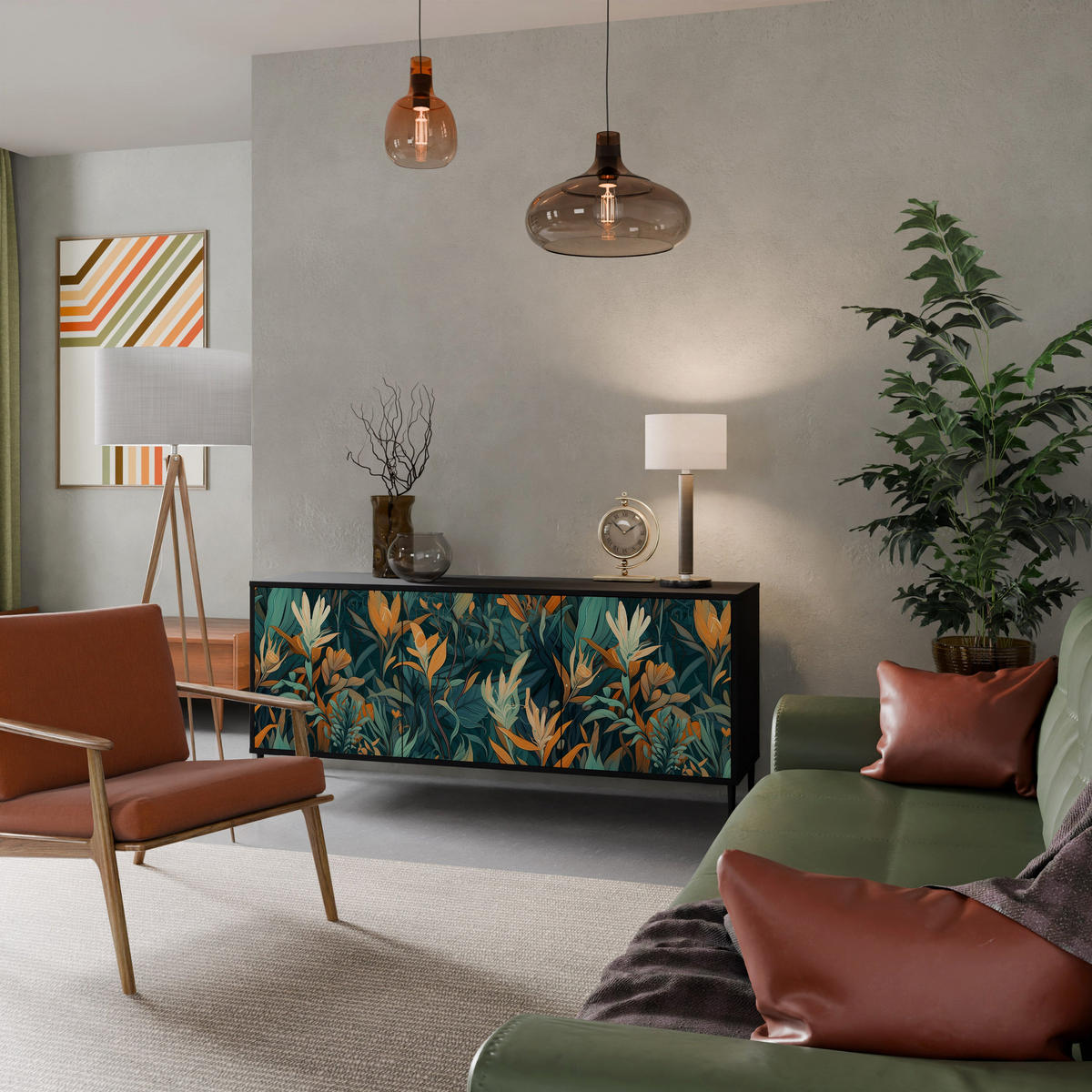 SIDEBOARD FLORAL SERENITY, Eicheneffekt, 164,5x42x77,5 cm, 3 Türen - Eichefarben/Buchefarben, Holzwerkstoff/Buchenholz (164.5/77.5/42cm) - SpaceRebels