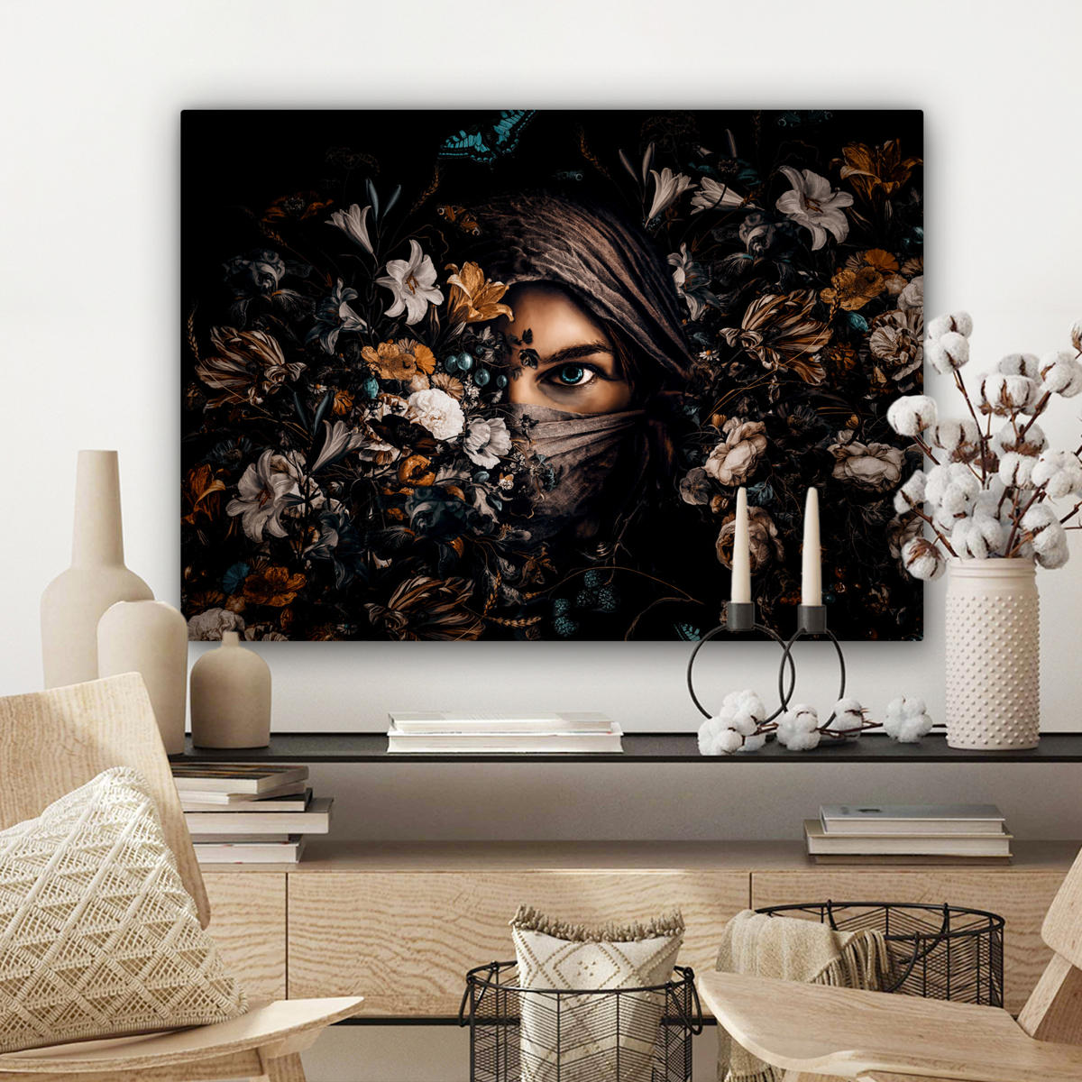 OBRAZ NA PLÁTNĚ Žena - luxus - květiny - motýl - portrét 80x60 cm - černá, textil (80/60cm) - MuchoWow