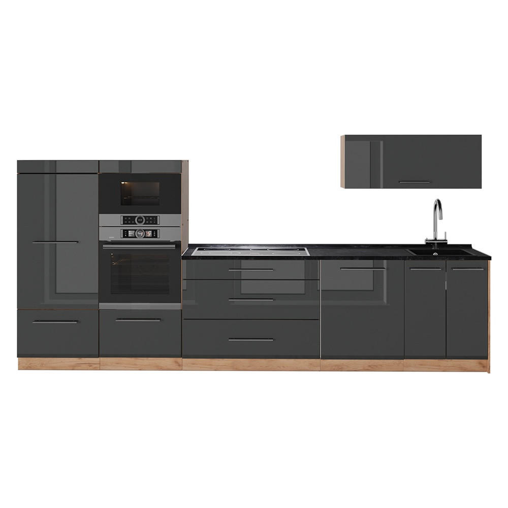 KÜCHENZEILE Fame-Line, Anthrazit Hochglanz/Goldkraft Eiche, 340 cm, AP Anthrazit - Honigeiche/Schwarz Hochglanz, Holzwerkstoff (340/153.6/60cm) - Vicco