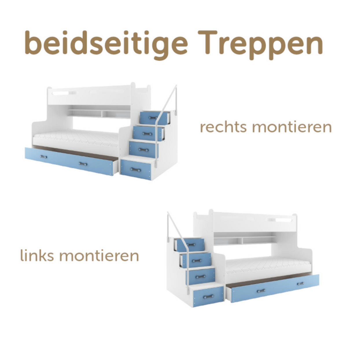 ETAGENBETT Max 3 200x80cm / 200x120cm mit Schublade und Lattenrost - Blau/Weiß, Holzwerkstoff (120/200cm) - Interbeds