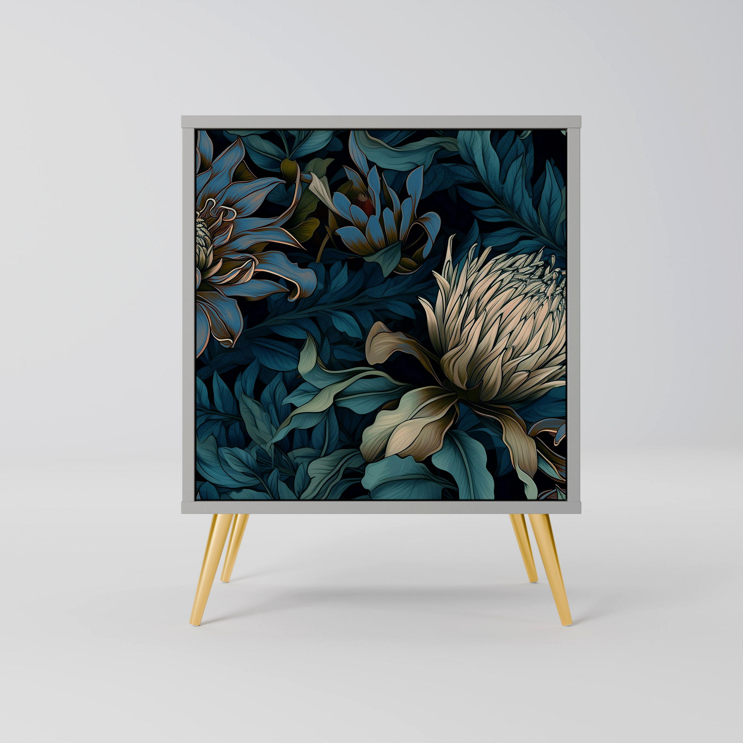 SIDEBOARD TWILIGHT BLOOM, Grau, 57,5x42x75,5 cm, Goldfarbene Metallfüße - Goldfarben/Multicolor, Holzwerkstoff/Metall (57.5/75.5/42cm) - SpaceRebels