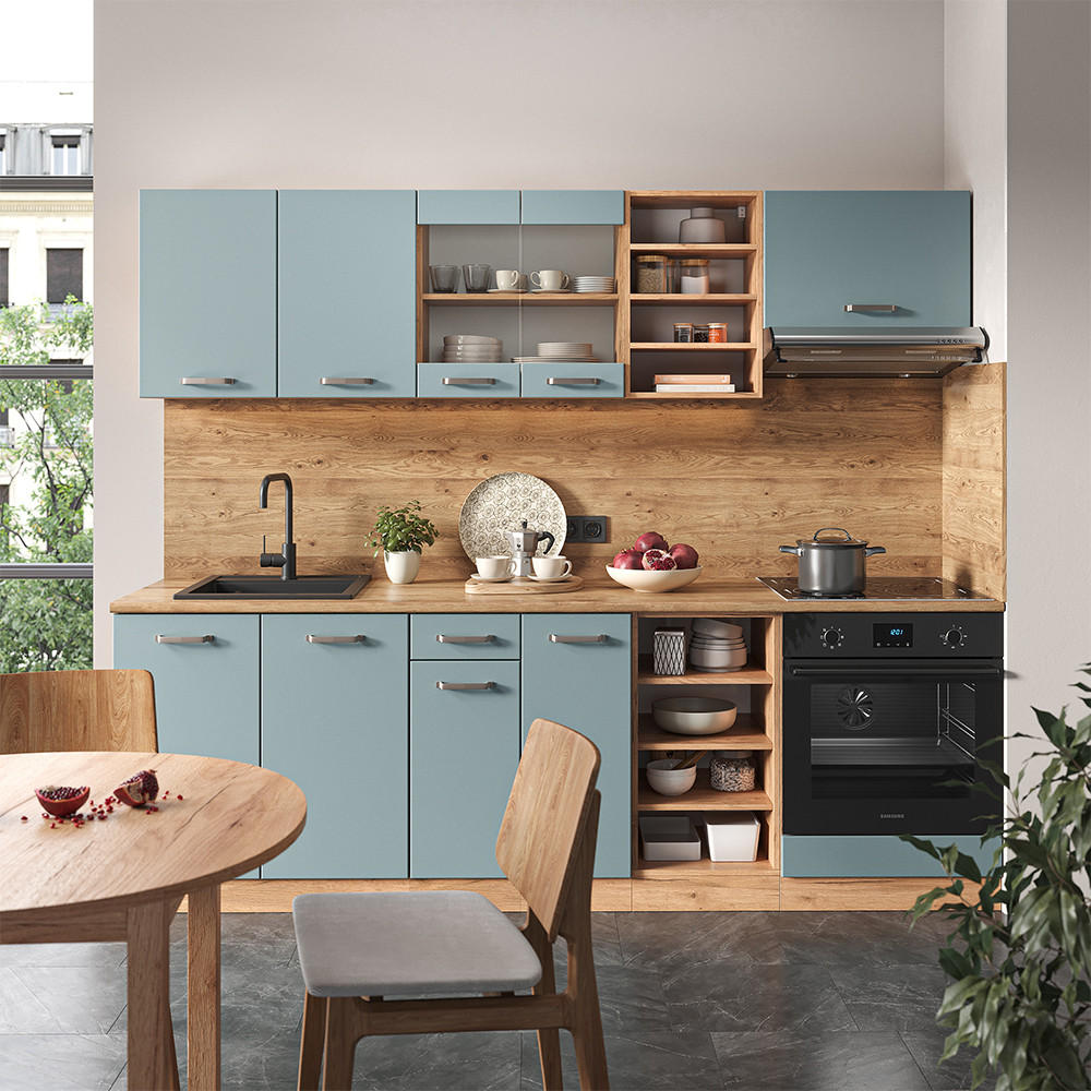 KÜCHENZEILE R-Line Blau-Grau/Goldkraft Eiche 240 cm ohne AP - Honigeiche/Blaugrau, Holzwerkstoff (240/81.6/46cm) - Vicco