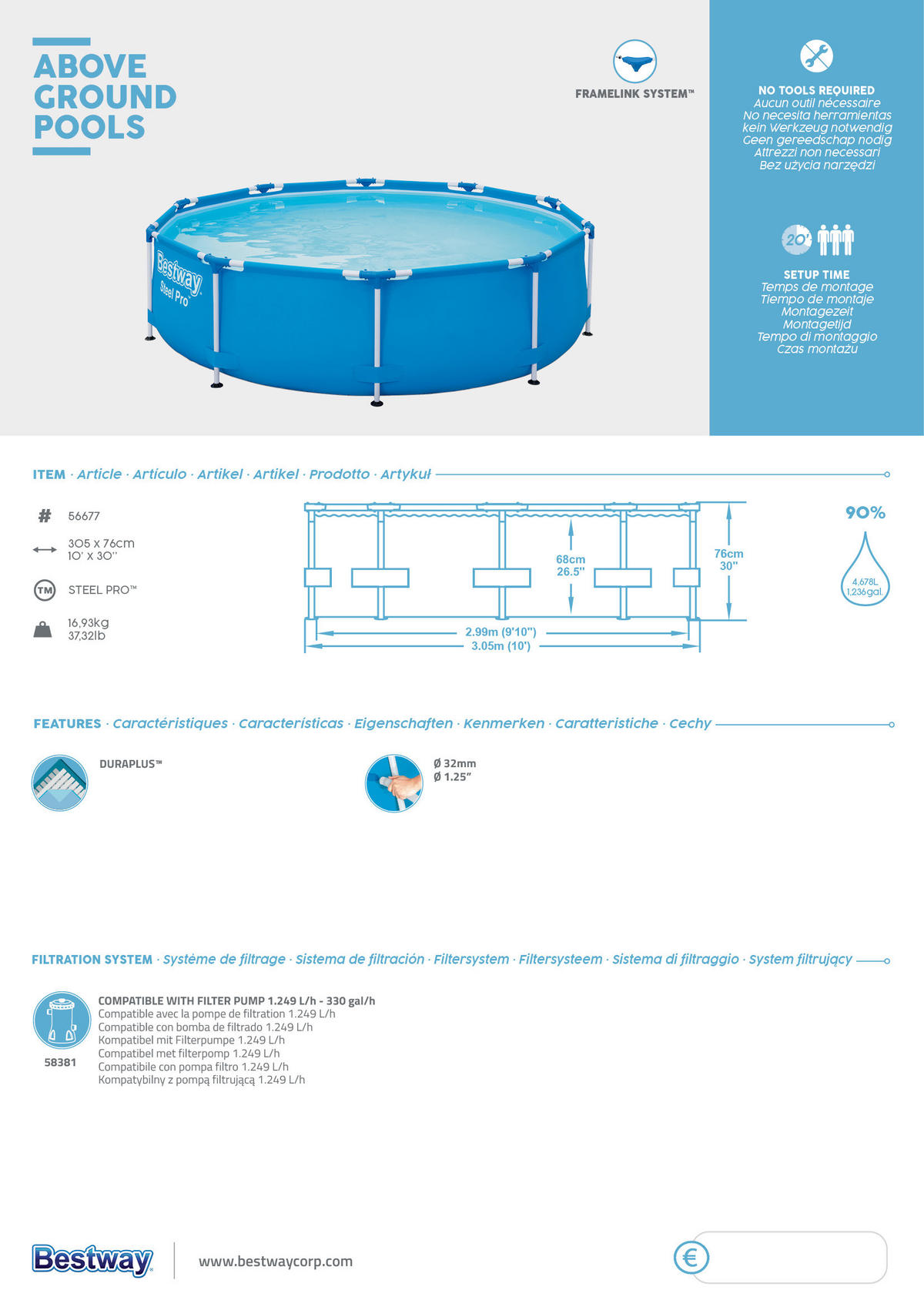 POOL Timm rund Blau 76x305x305cm - Blau, Kunststoff (305/76/305cm) - DELUKE