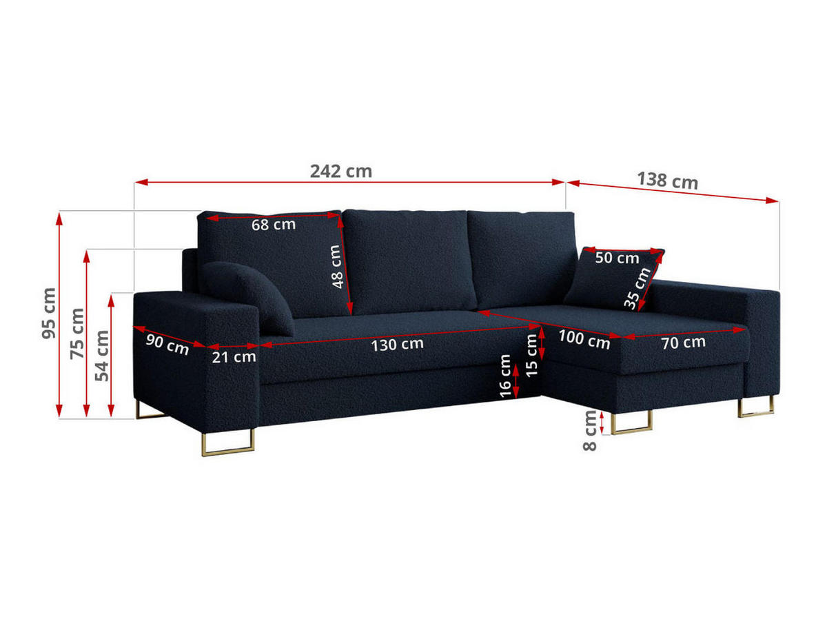 ECKSOFA Dorian Boucle Dunkelblau - Goldfarben/Dunkelblau, Textil/Metall (242/138cm) - MKS