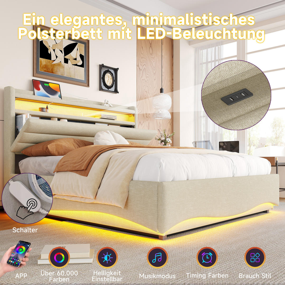 ČALÚNENÁ posteľ 140/200 cm s LED osvetlením, hydraulickým úložným priestorom a USB/Typ-C portami, Sivá - sivá, textil (140/200cm) - Redom