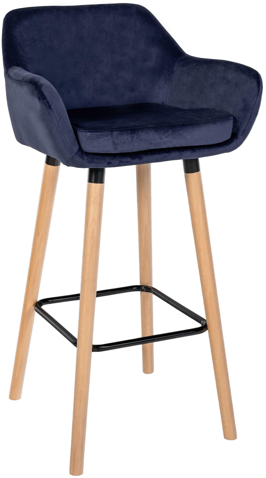 BARHOCKER Samt dunkelblau - Eukalyptusholzfarben/Dunkelblau, Holz/Textil (51/101/50cm) - CLP