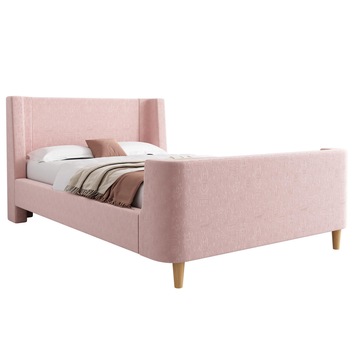 KINDERBETT 90/200 cm Schlittenbett mit Weltraummuster Rosa Samt - Pink, Holz/Metall