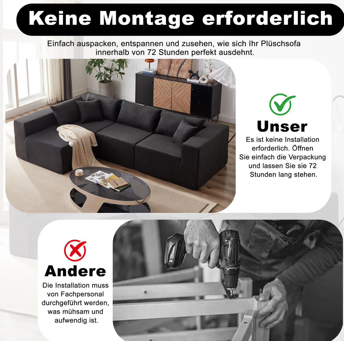 ECKSOFA 264/167/71 cm schwarz aus Cord und Schaumstoff mit freier Kombination - Schwarz, Textil (167/264cm) - OKWISH