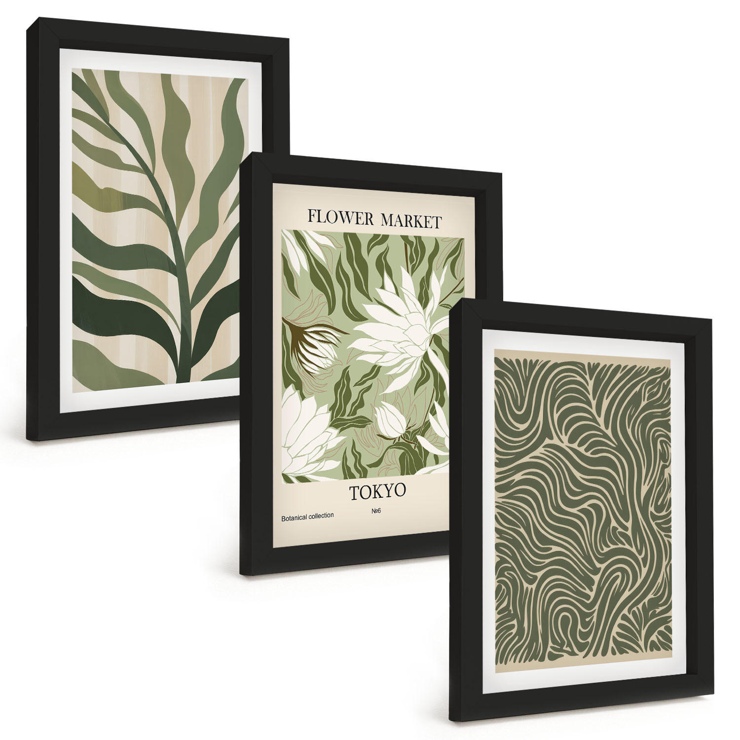 BILDER SET 3er Set - 20x30 cm Schwarzer Rahmen - Pflanzenmuster, Boho-Dekorationen - Schwarz, Kunststoff (20/30cm) - TULUP