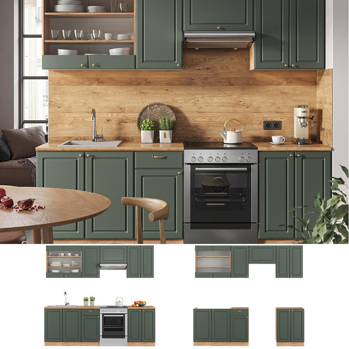KÜCHENZEILE Fame-Line Grün-Gold Landhaus/Goldkraft Eiche 240 cm ohne AP - Honigeiche/Grün, Holzwerkstoff (240/81.6/46cm) - Vicco