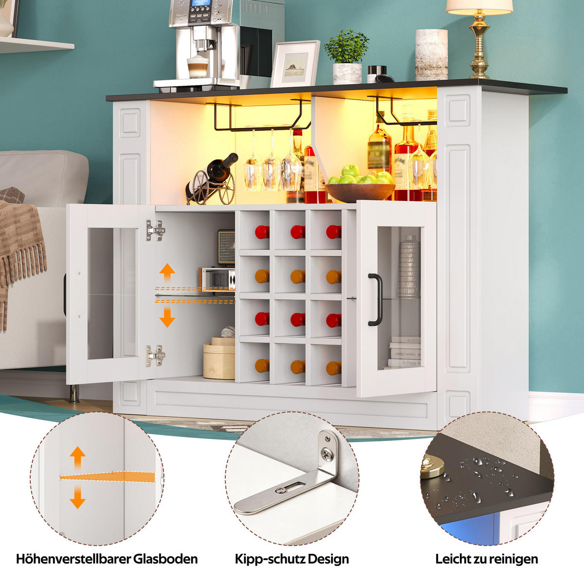 WEINSCHRANK DE-38730 120/35/84 cm LED-Beleuchtung und 12 Weinfächer Weiß - Weiß, Holzwerkstoff (120/84/35cm) - ComfortXL