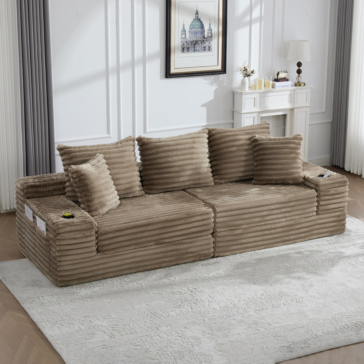 SCHLAFSOFA aus Cord mit Getränkehaltern und Kissen, Khaki - Sandfarben, Textil (107.48/34.25/38.58cm)