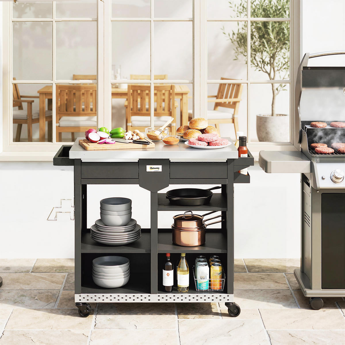 GRILLWAGEN Edelstahl Schwarz - Schwarz, Metall (54/85.5/117cm) - Outsunny