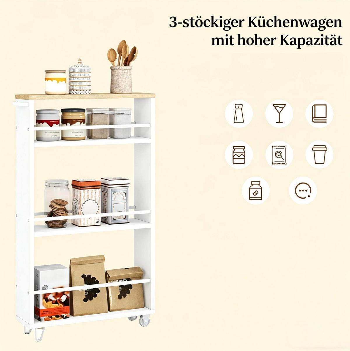 KÜCHENWAGEN schmal mit Rollen 47 x 80 x 13 cm Weiß Holz/Metall - Weiß, Holz (47/80/13cm) - Beauniv