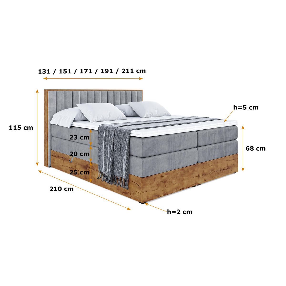 BOXSPRINGBETT mit Matratze H3|H4 und Lattenrost - LOLLI4 KING-120x200 - Grau Casablanca - Grau, Holzwerkstoff (120/200cm) - ALTDECOR