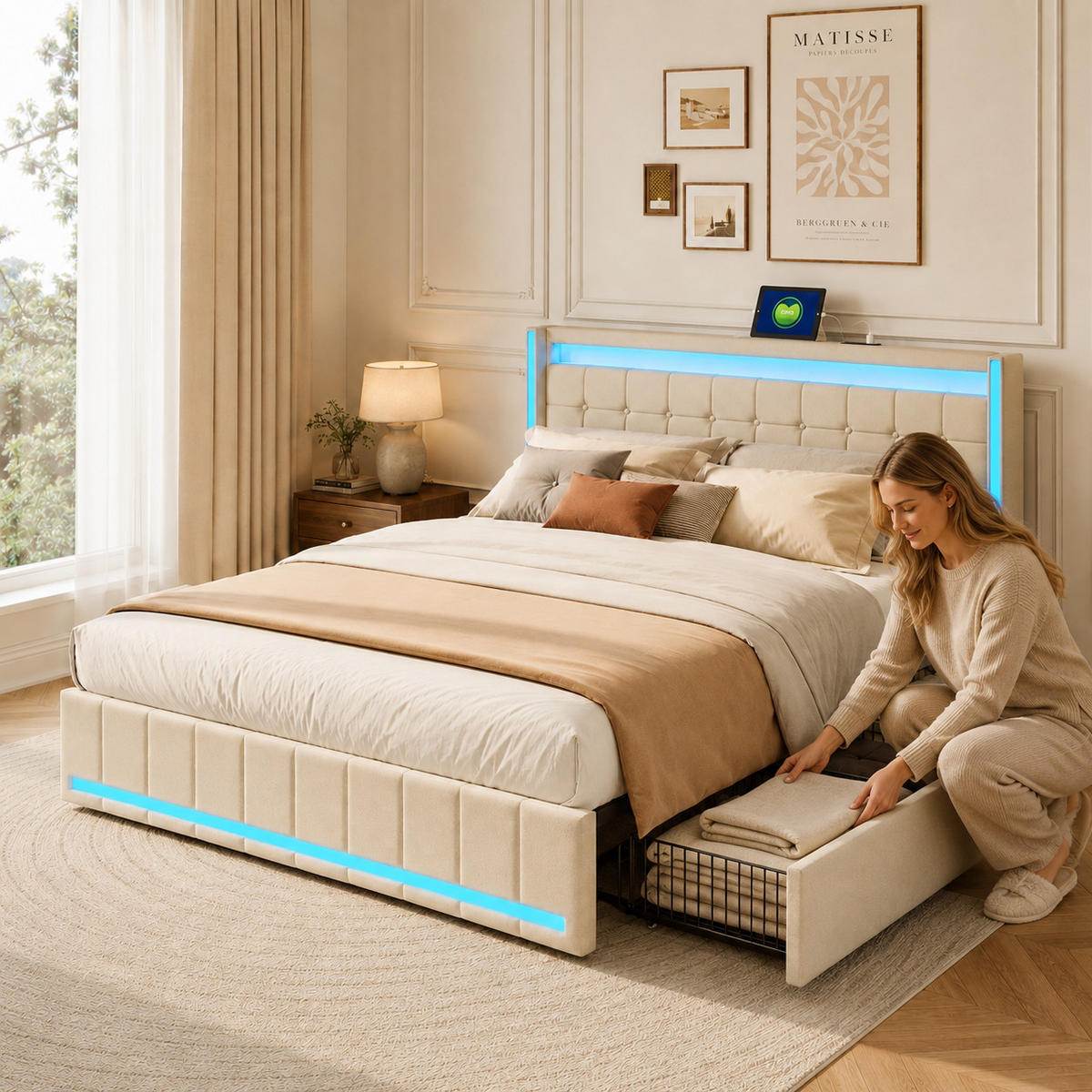 POLSTERBETT 140/200 cm Beige, mit 4 Schubladen, LED und Ladefunktion - Beige, Holz/Metall (140/200cm) - Joyfair