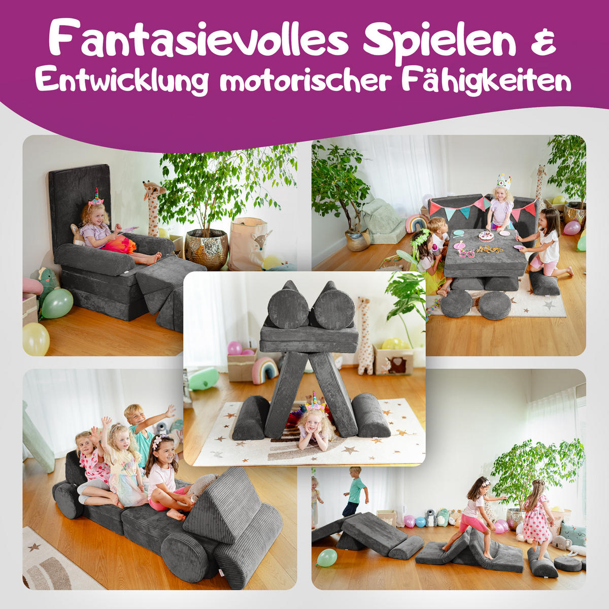 SPIELSOFA Kinder Fantasiewelt 8tlg - Dunkelgrau, Textil (150/55/66cm) - Linodino