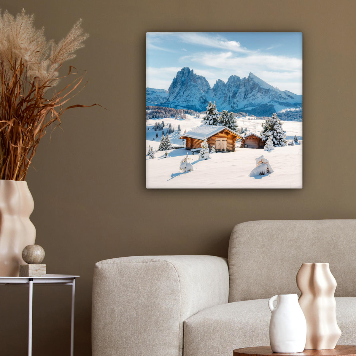 LEINWANDBILD Winter - Hütte - Berge - Aussicht - Schnee 50x50 cm - Eichefarben, Textil (50/50cm) - MuchoWow