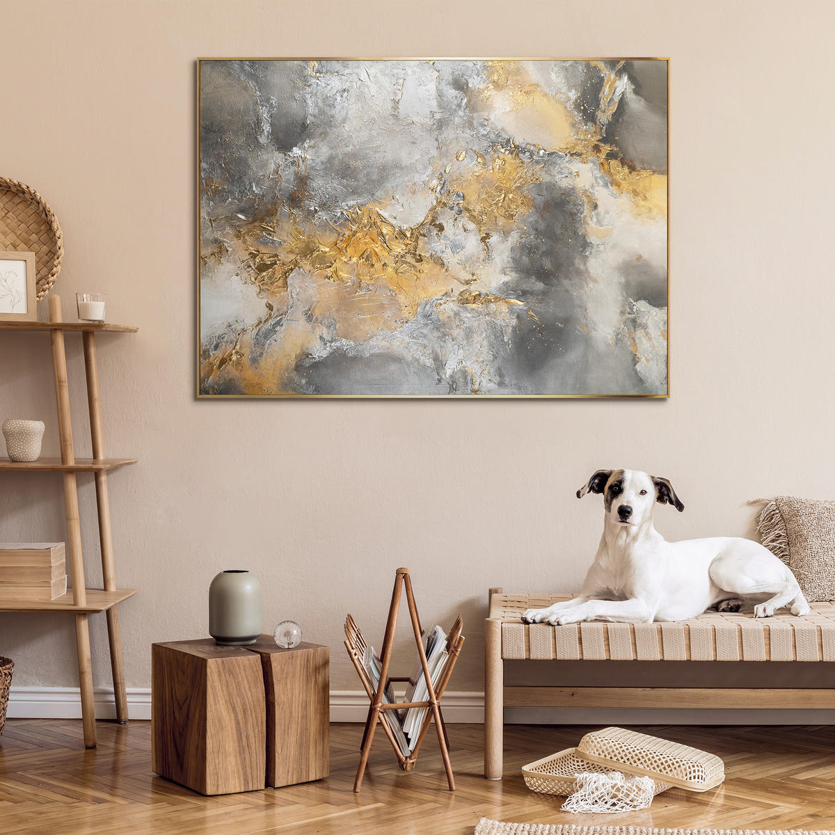 GEMÄLDE Harmonie von Gold und Silber II Schattenfugenrahmen Gold 120x80 cm - Goldfarben, Holz (120/80cm) - YS-art gallery