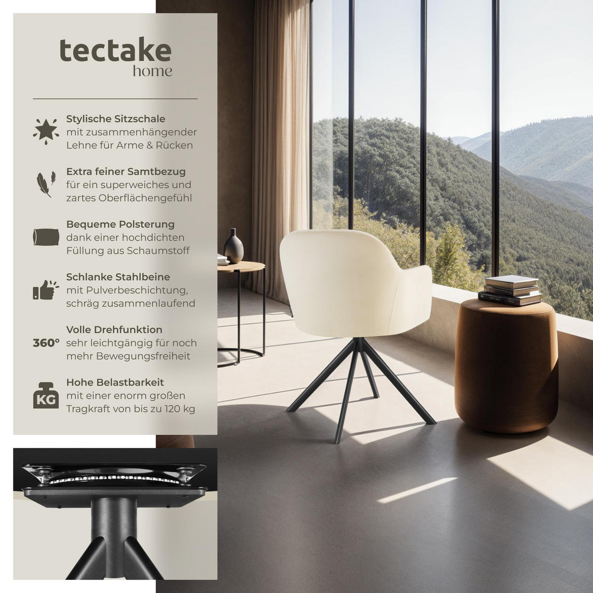 DREHSTUHL 2er Set Lona 56 x 59 x 81 cm crème/schwarz - Creme/Schwarz, Textil (56/81/59cm) - tectake