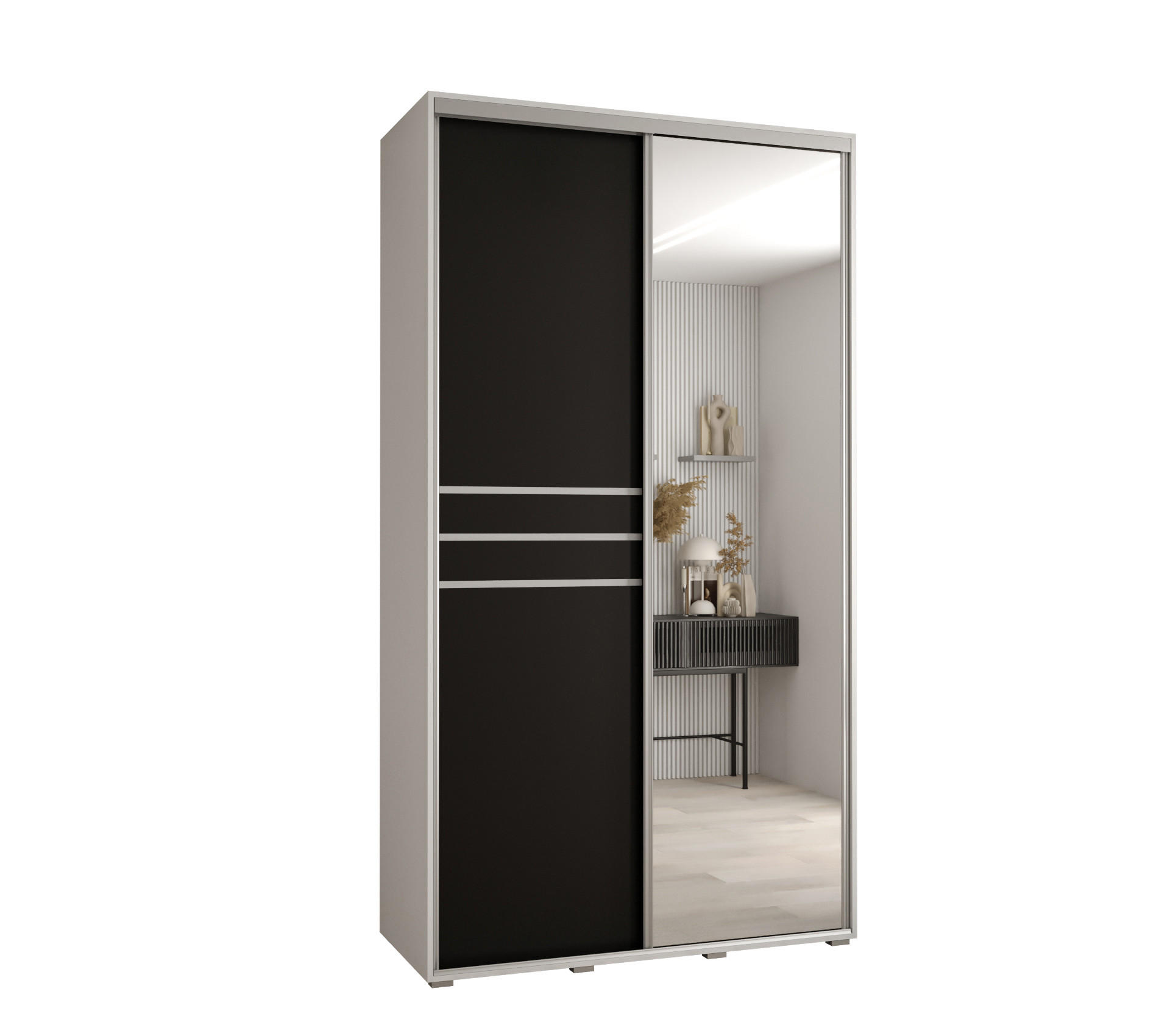 Abiks Möbel SCHWEBETÜRENSCHRANK Weiß, Schwarz, Silber 140cm × 45cm × 235cm