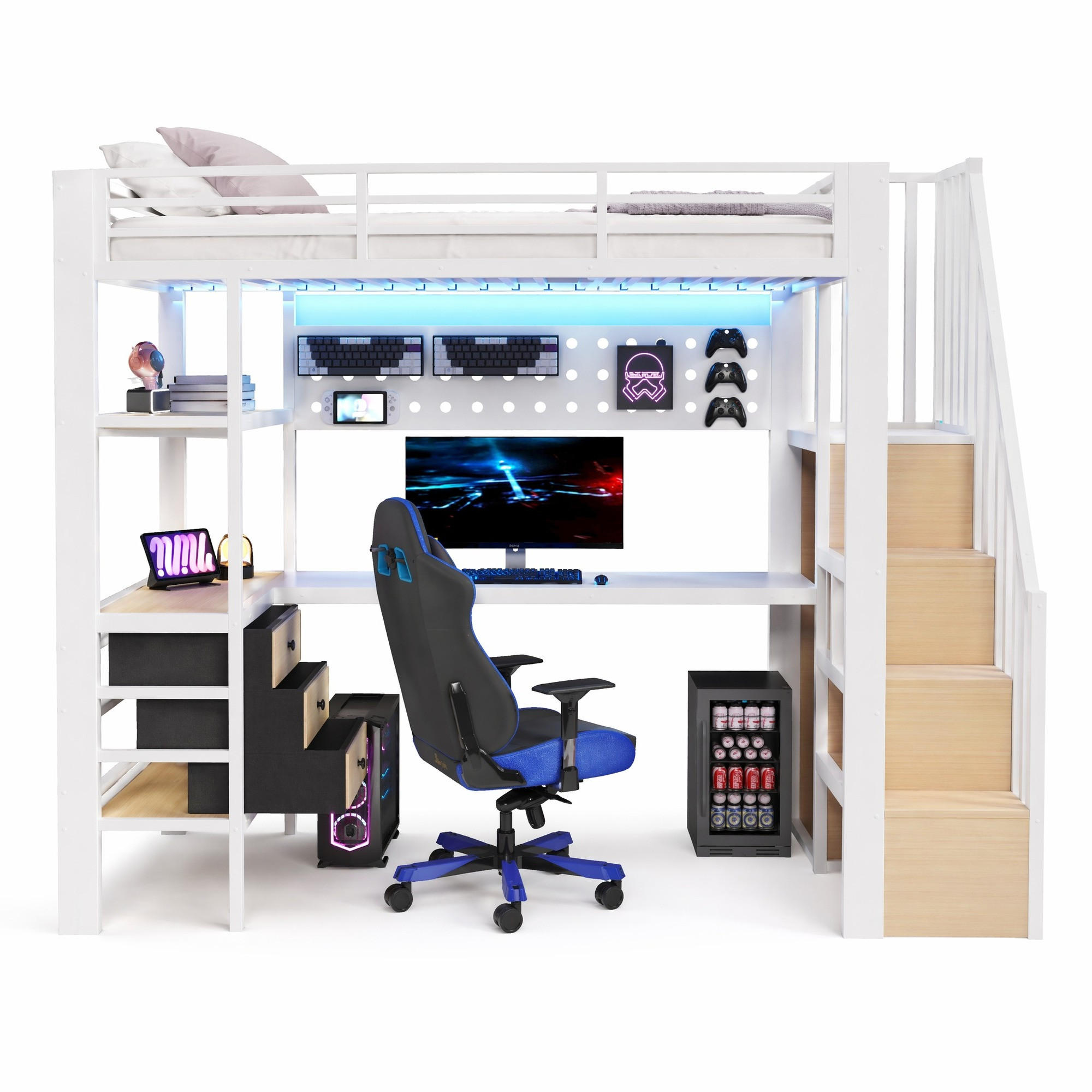 HOCHBETT 90/200 cm aus MDF und Metall mit Schublade, Lochwand, Tisch, LED-Licht, Weiß - Weiß, Holzwerkstoff (90/200cm) - OKMYHOME